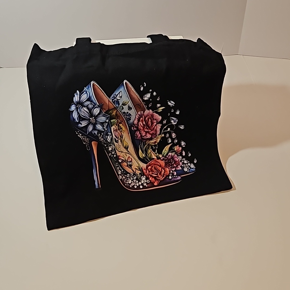 Hand Crafted Reusable Black Canvas Tote Bag 100% Cotton Floral Blue Heels 13x13" - Picture 12 of 17